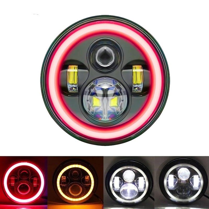 Phares LED 7 Pouces Halo Rouge Angel Eyes H4 Jeep Wrangler Universel