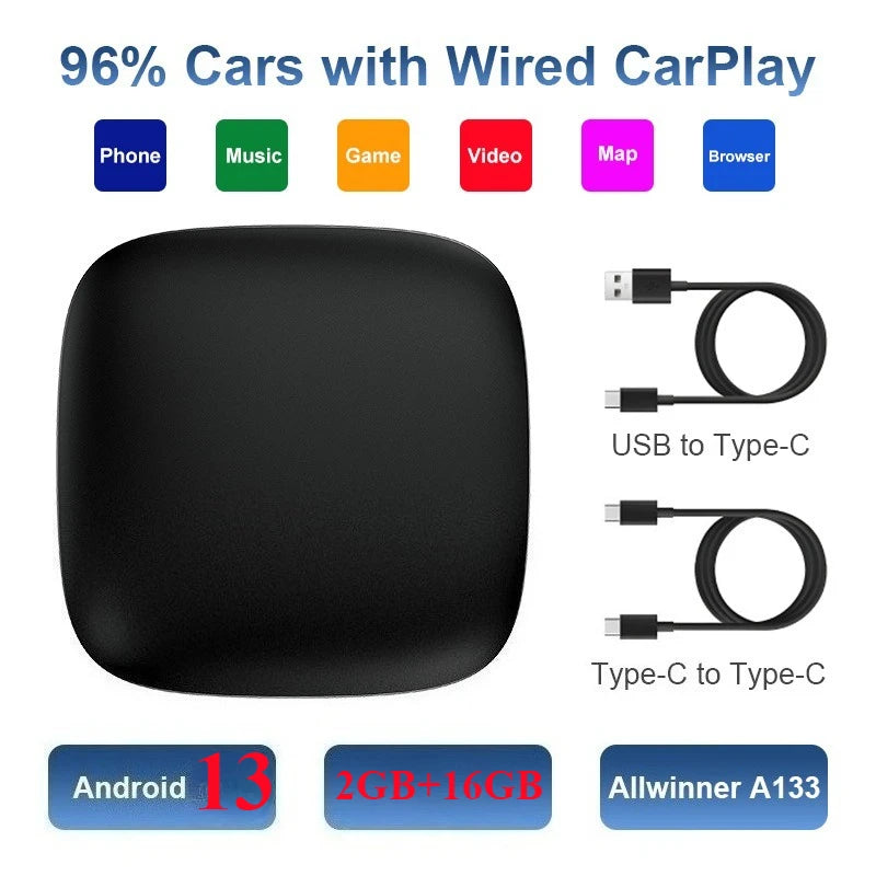 Boîtier CarPlay AI Box Android 13 Sans Fil 2 Go RAM Gris ou Noir