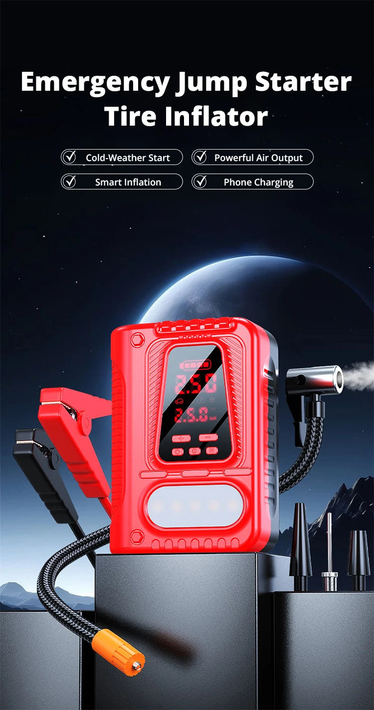 Booster de Batterie Voiture 5000A avec Compresseur 150 PSI Double Écran