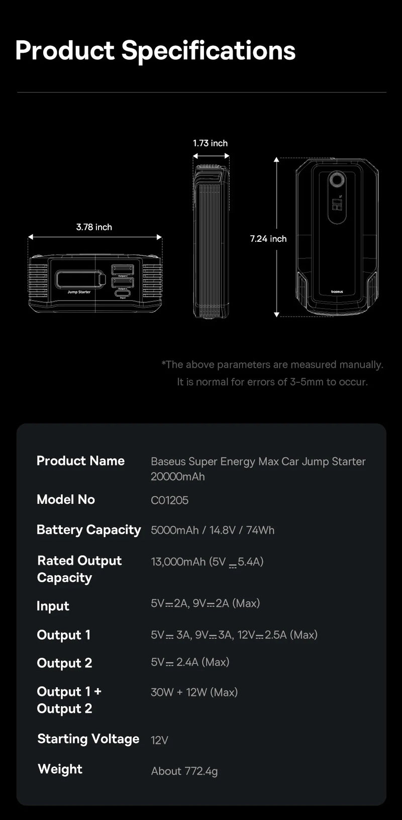 Baseus Booster de Batterie Voiture 2000 A 20 000 mAh Charge Rapide 30 W