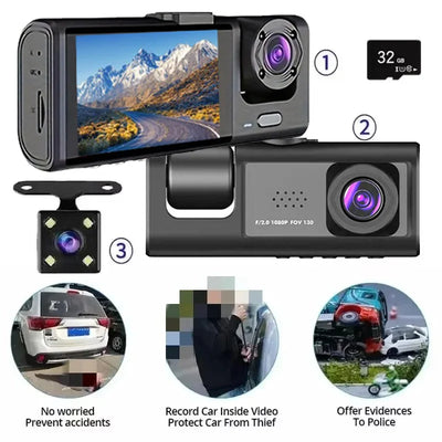 Dashcam 3 Caméras 1080P Écran IPS 2 Pouces