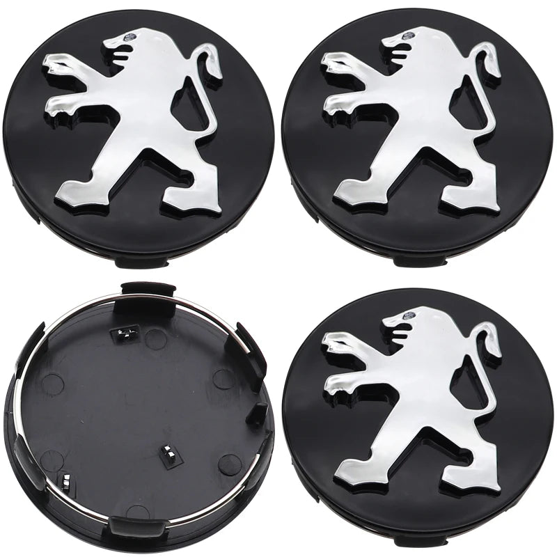 Cache-Moyeux Peugeot 60 mm avec Autocollant Alu, Lot de 4, Six Modèles, Ancien Lion ou Nouveau Blason