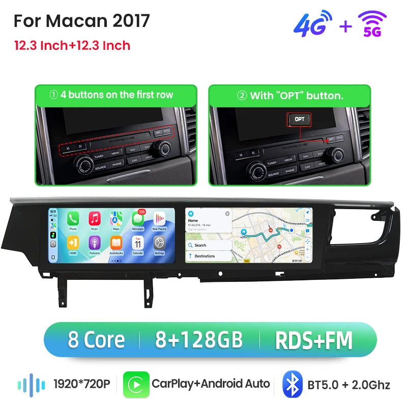 Autoradio Double Écran 12,3 + 12,3 Pouces Porsche Macan 2014-2017 Android CarPlay Sans Fil GPS