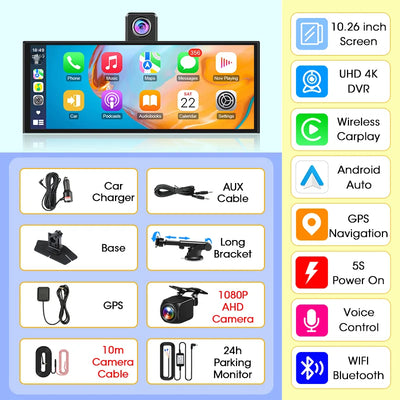 Dashcam 4K CarPlay Écran Rotatif 10,26 Pouces
