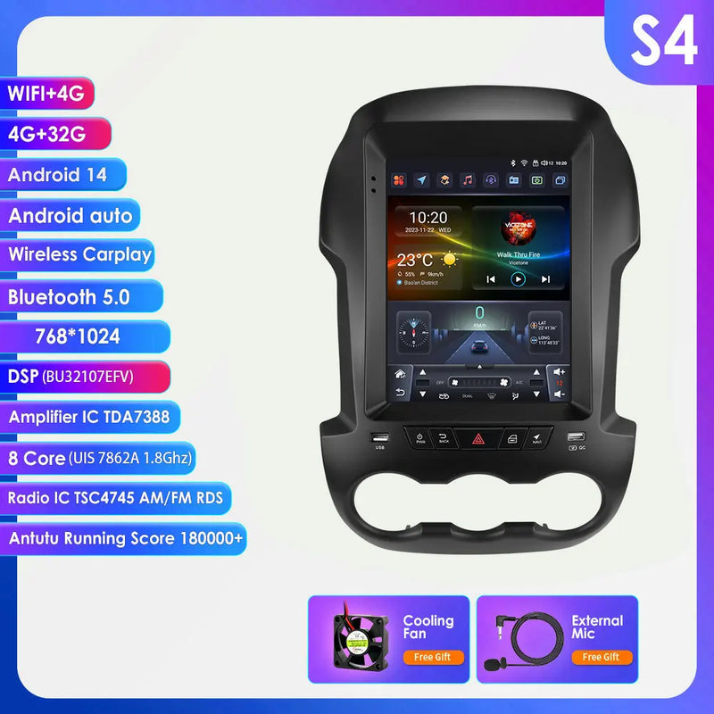 Autoradio Android Ford Ranger 2012-2015 Écran Vertical 9,7 Pouces CarPlay Sans Fil GPS DSP