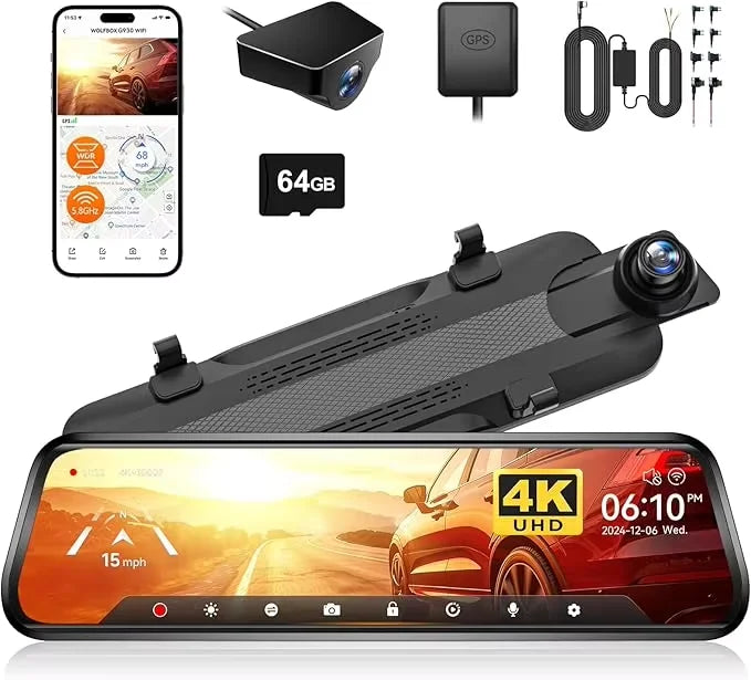 Dashcam Miroir Wolfbox G930 4K avec Écran Tactile, Wi-Fi 5,8 GHz, GPS et Caméra de Recul, Surveillance de Parking