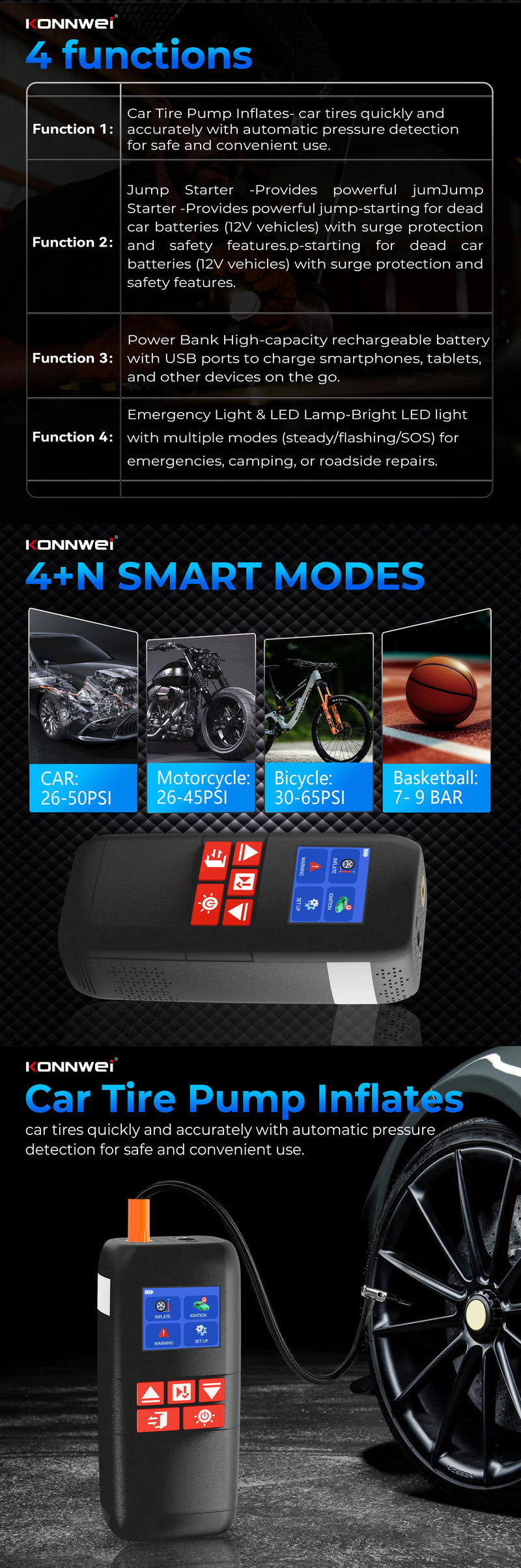 Booster de Batterie Voiture KONNWEI SA500 1000A avec Compresseur
