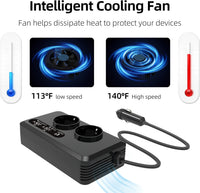 Convertisseur 12V 220V Voiture 200 W Allume-Cigare 2 Prises 2 USB 2 USB-C Écran LCD