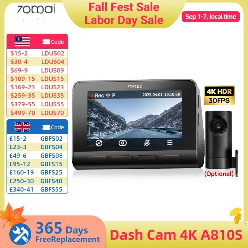 70mai A810S 4K Wi-Fi 6 GPS ADAS Dashcam