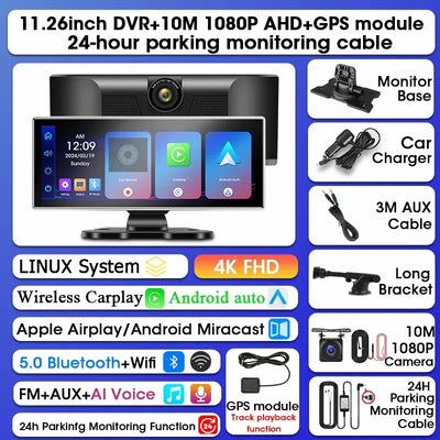 Dashcam Srnubi 11,26 Pouces 4K CarPlay Android Auto