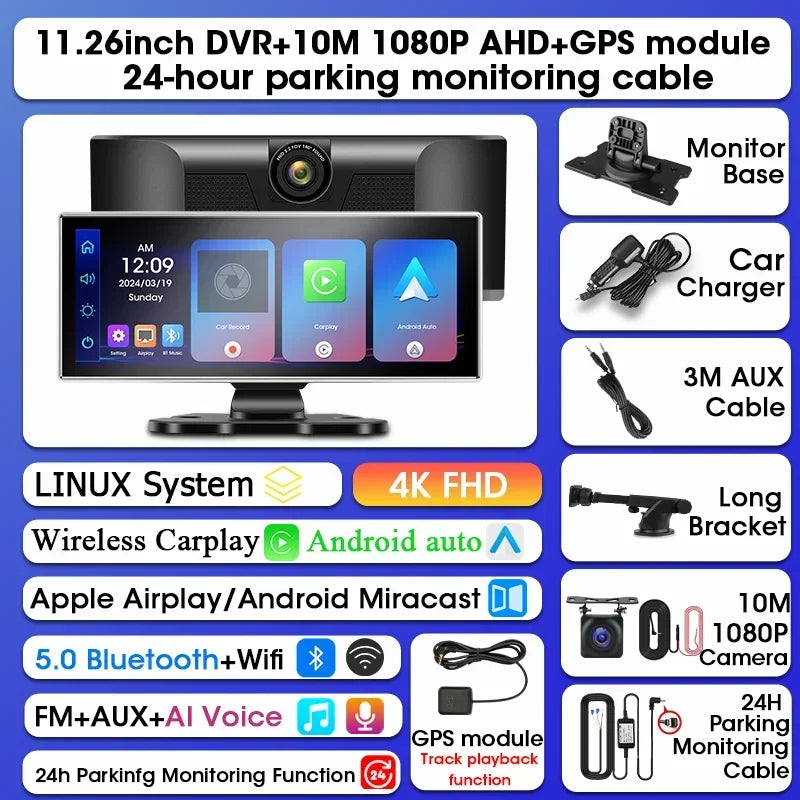 Dashcam Srnubi 11,26 Pouces 4K CarPlay Android Auto