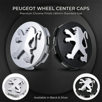 Cache-Moyeux Peugeot 60 mm Premium, Lot de 4, Argent ou Noir, 206, 207, 208, 307, 308, 408, 508, 2008, 3008, RCZ