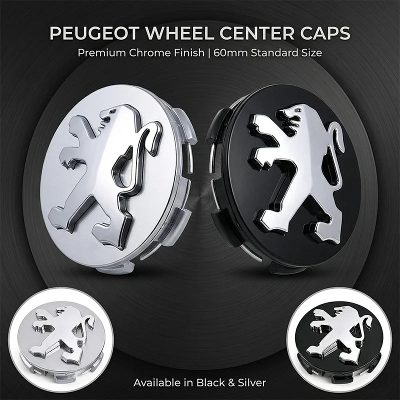 Cache-Moyeux Peugeot 60 mm Premium, Lot de 4, Argent ou Noir, 206, 207, 208, 307, 308, 408, 508, 2008, 3008, RCZ