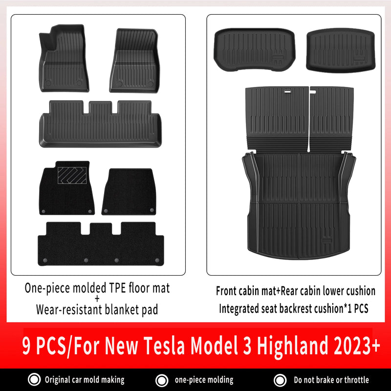 Tapis de Sol Tesla Model 3 Highland 2024-2026 TPE Ensemble 3 à 12 Pièces Simple ou Double Couche