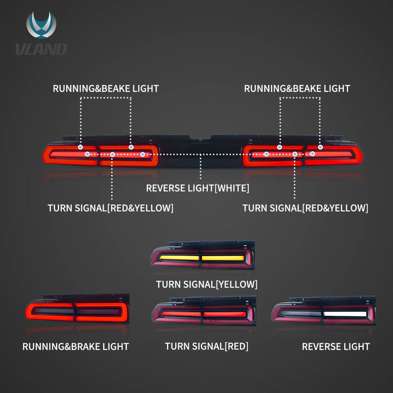 Feux Arrière LED Dodge Challenger 3e Génération 2008-2014 Clignotants Séquentiels, Rouge Transparent ou Fumé