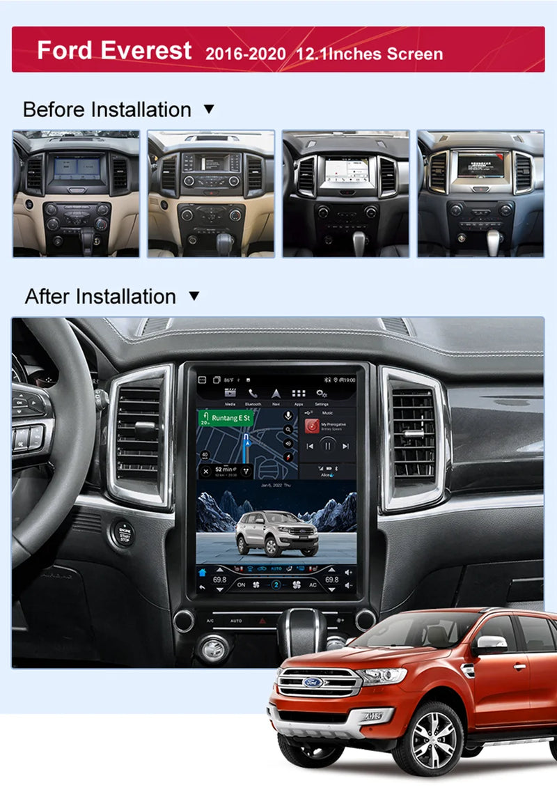 Autoradio Android 14 Ford Ranger Everest 2015-2021 Écran Vertical 12,1 pouces CarPlay GPS