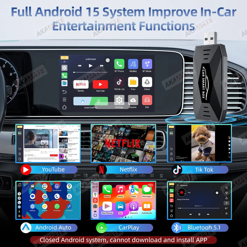 Boîtier CarPlay Sans Fil Android Auto Mini Clé USB Vidéo en Streaming