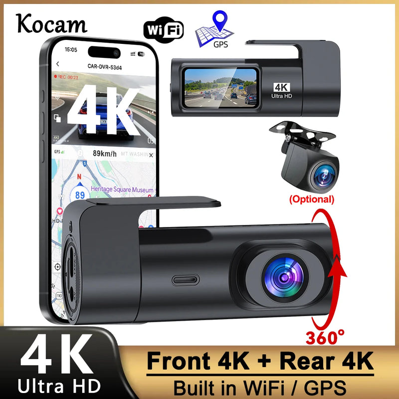 Dashcam 4K UHD Wi-Fi avec GPS, Caméra de Recul 4K en Option, Vision Nocturne et Surveillance de Stationnement 24 h