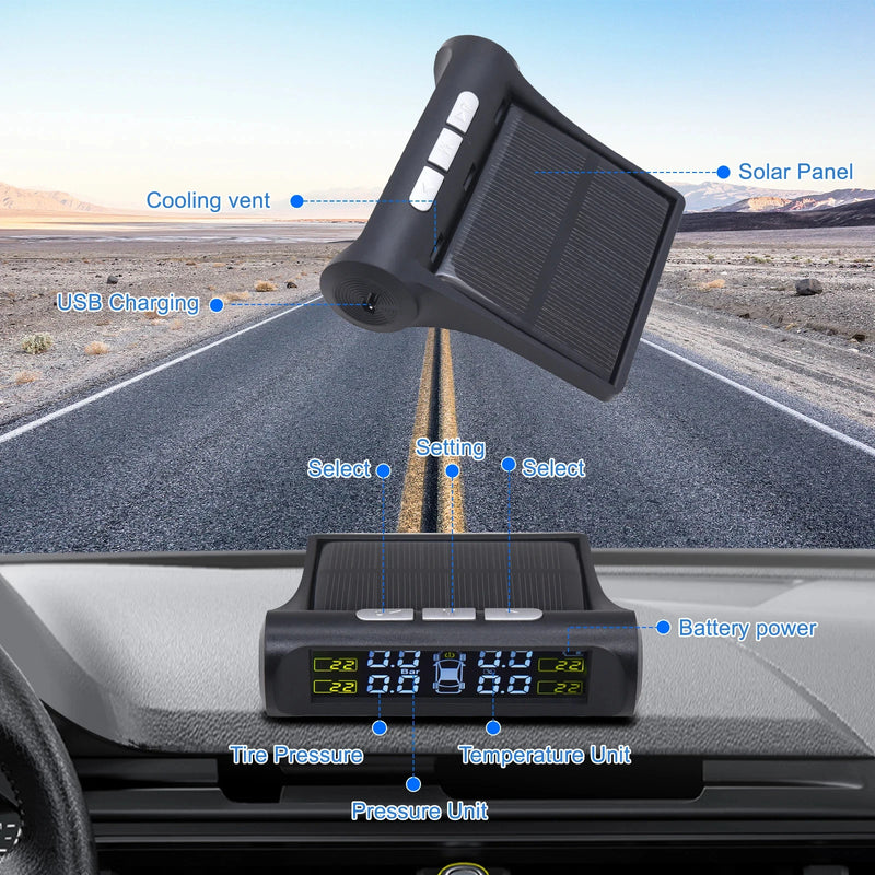 Capteur de Pression des Pneus TPMS Solaire 4 Capteurs Écran LCD