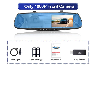 Dashcam Miroir 4,3 Pouces Double Objectif 1080P