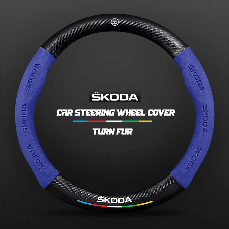 Couvre Volant Skoda Effet Carbone et Suédine, 37-38 cm, Forme D ou O, Octavia, Kodiaq, Karoq, Superb