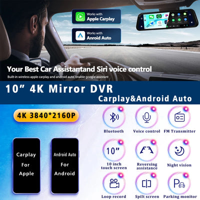 Dashcam 10 Pouces 4K CarPlay Android Auto OLESED