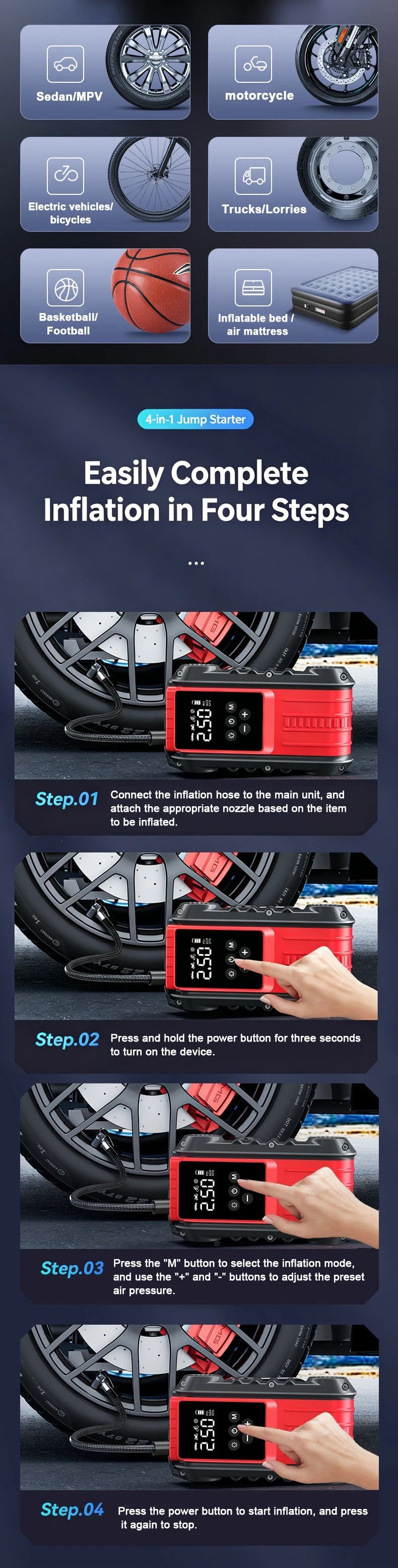 Booster de Batterie Voiture 1800A 12V avec Compresseur Intégré