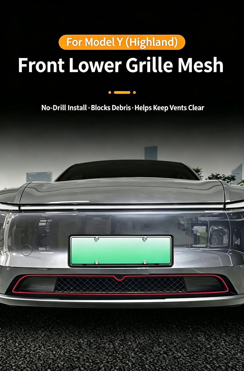 Filet de Grille Inférieure Avant Tesla Model Y Highland 2024 Anti-Insectes Noir Mat, Monobloc ou en Deux Parties