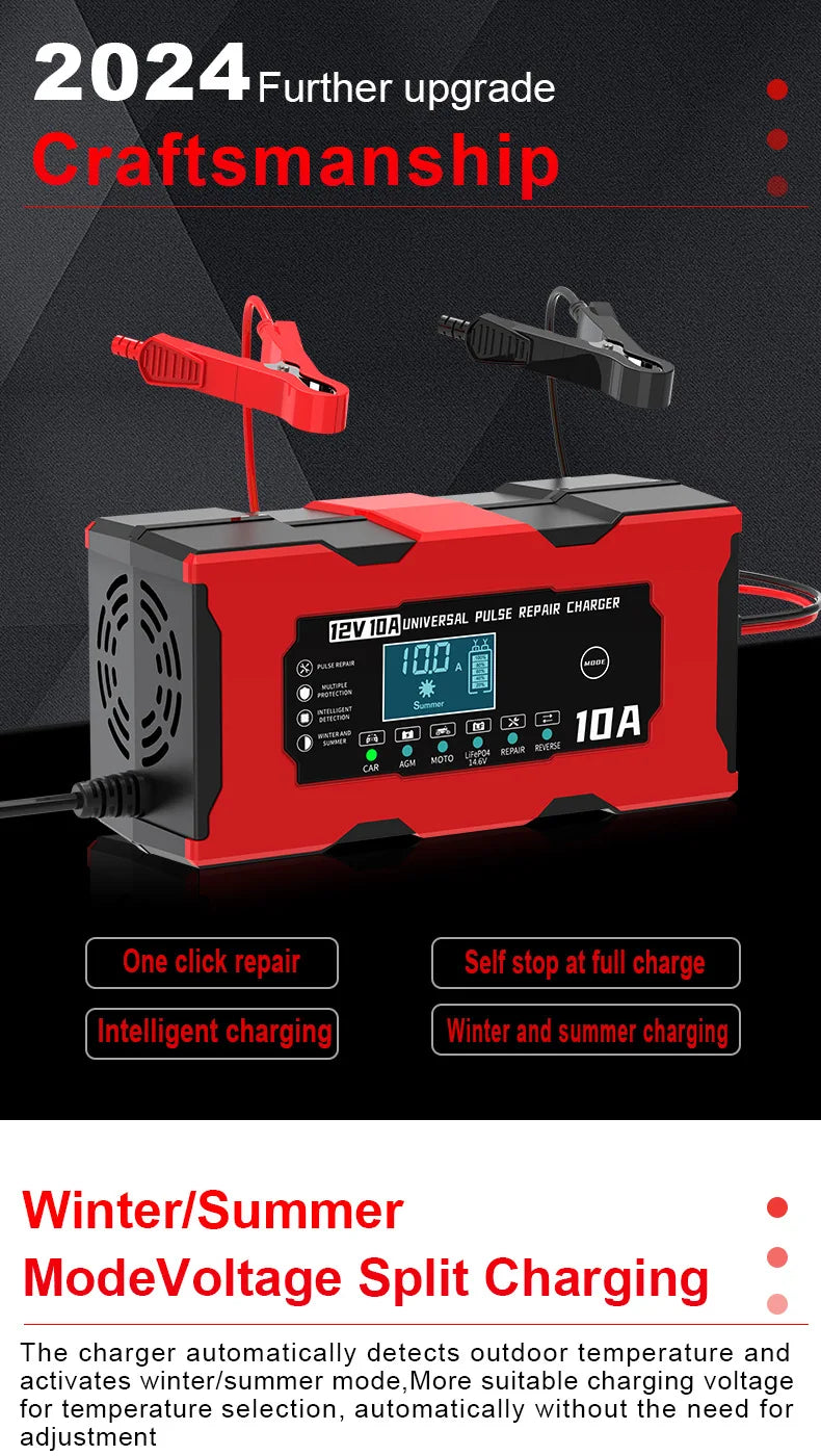 Chargeur de Batterie Voiture 12V 10A Intelligent LiFePO4 AGM Gel