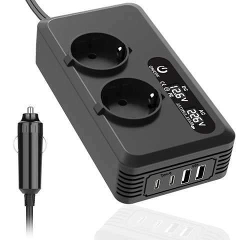 Convertisseur 12V 220V Voiture 200 W Allume-Cigare 2 Prises 2 USB 2 USB-C Écran LCD