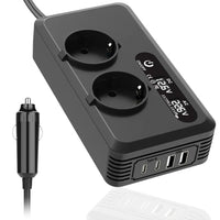 Convertisseur 12V 220V Voiture 200 W Allume-Cigare 2 Prises 2 USB 2 USB-C Écran LCD