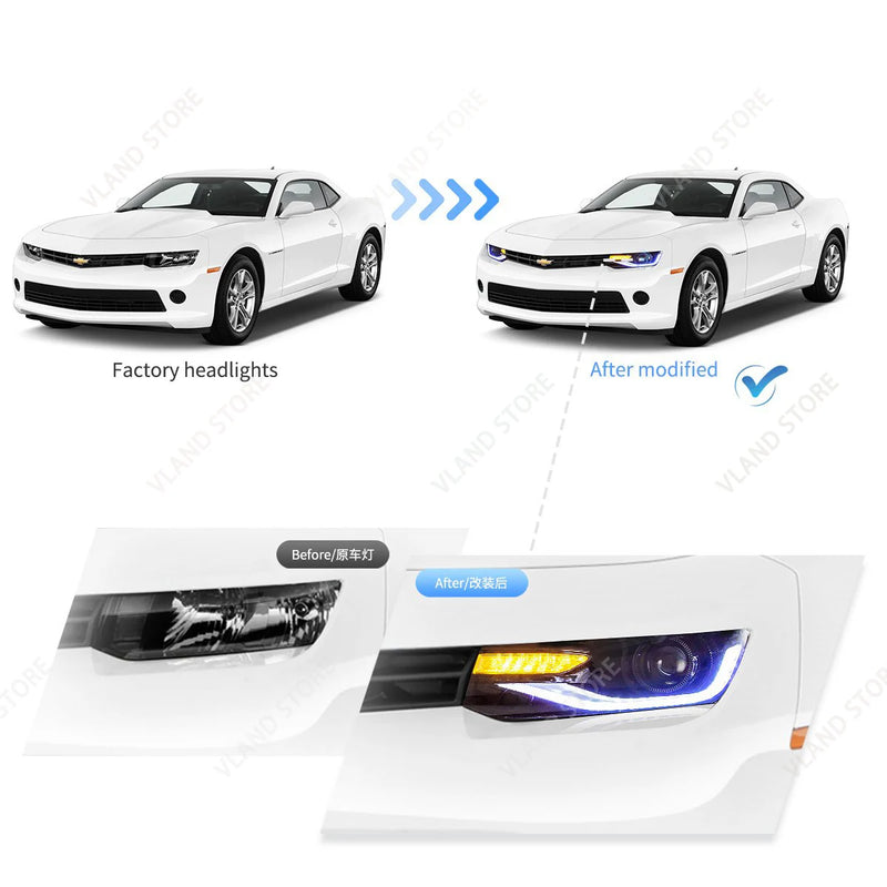 Phares LED RGB Chevrolet Camaro 2014-2015 Double Faisceau Feux de Jour Couleur Pilotables par Application
