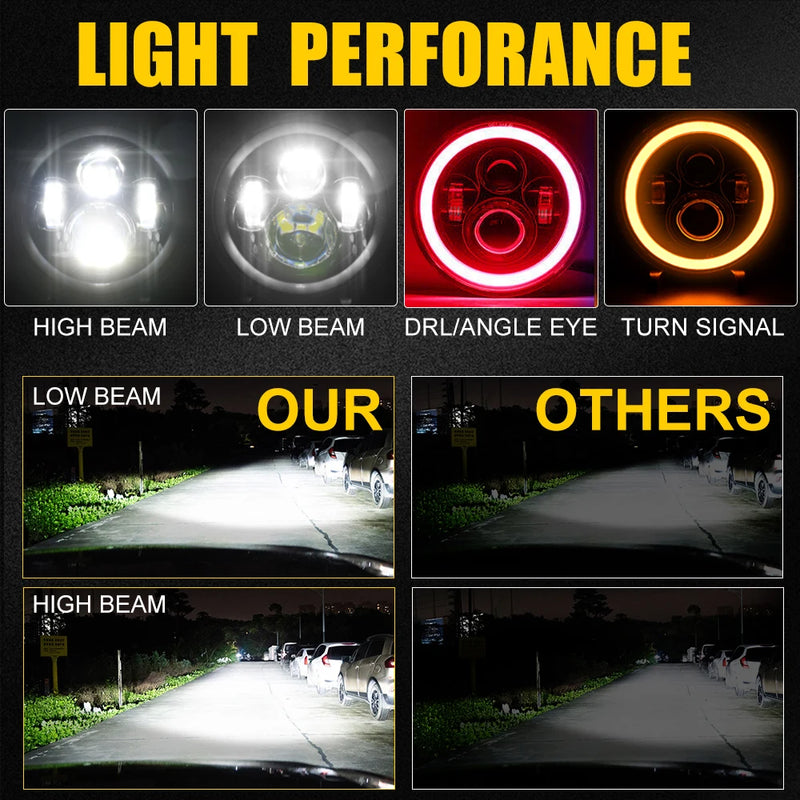 Phares LED 7 Pouces Halo Rouge Angel Eyes H4 Jeep Wrangler Universel