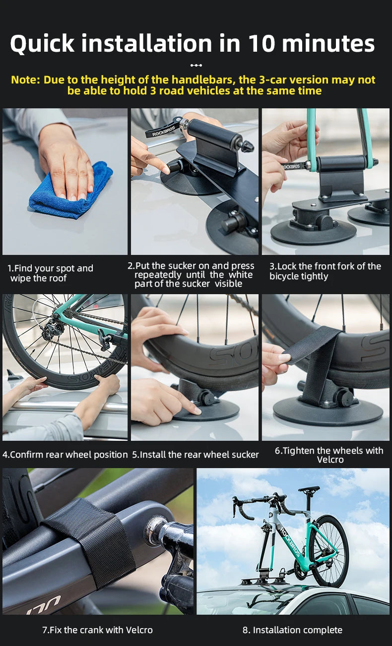 ROCKBROS Porte-Vélo de Toit à Ventouses pour 2 Vélos en Alliage d'Aluminium et Installation Rapide sans Perçage
