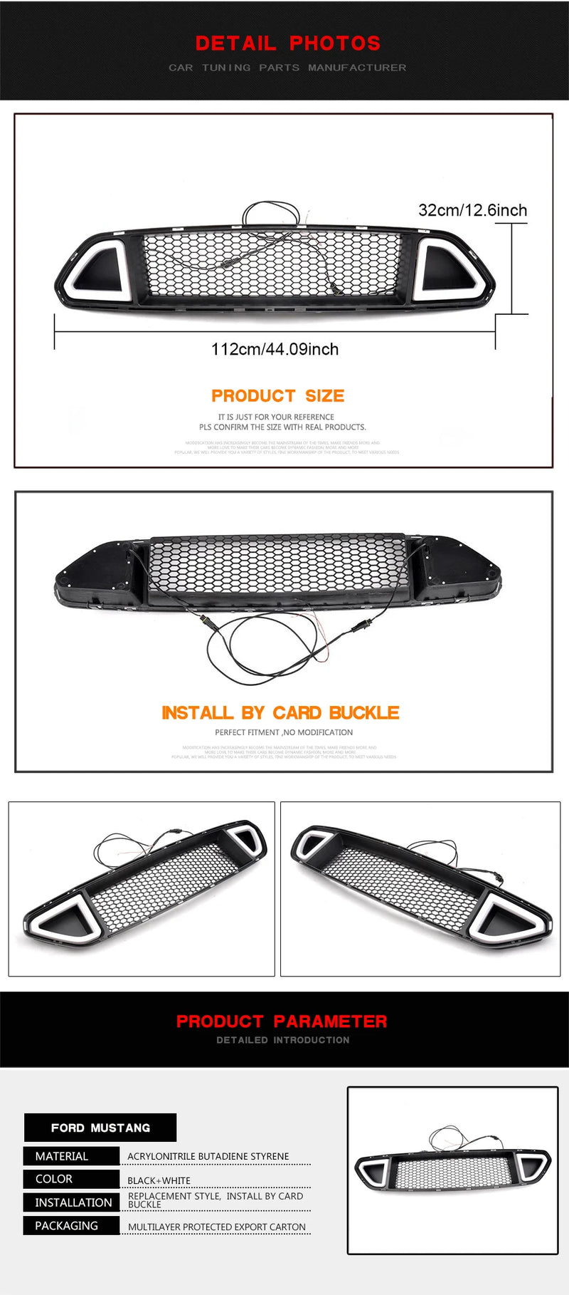 Calandre Ford Mustang 2015-2017 Nid d'Abeille Noir Mat Éclairage LED Style Course