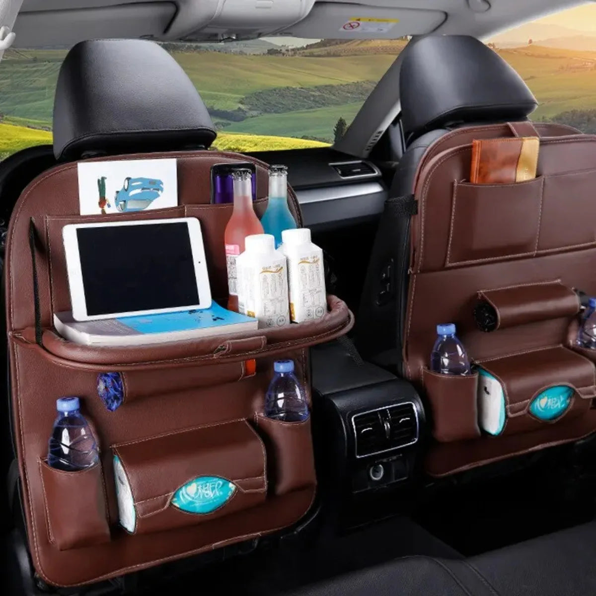 Car Rear Seat Organizer Faux Leather Foldable Tablet Holder 3 Colors