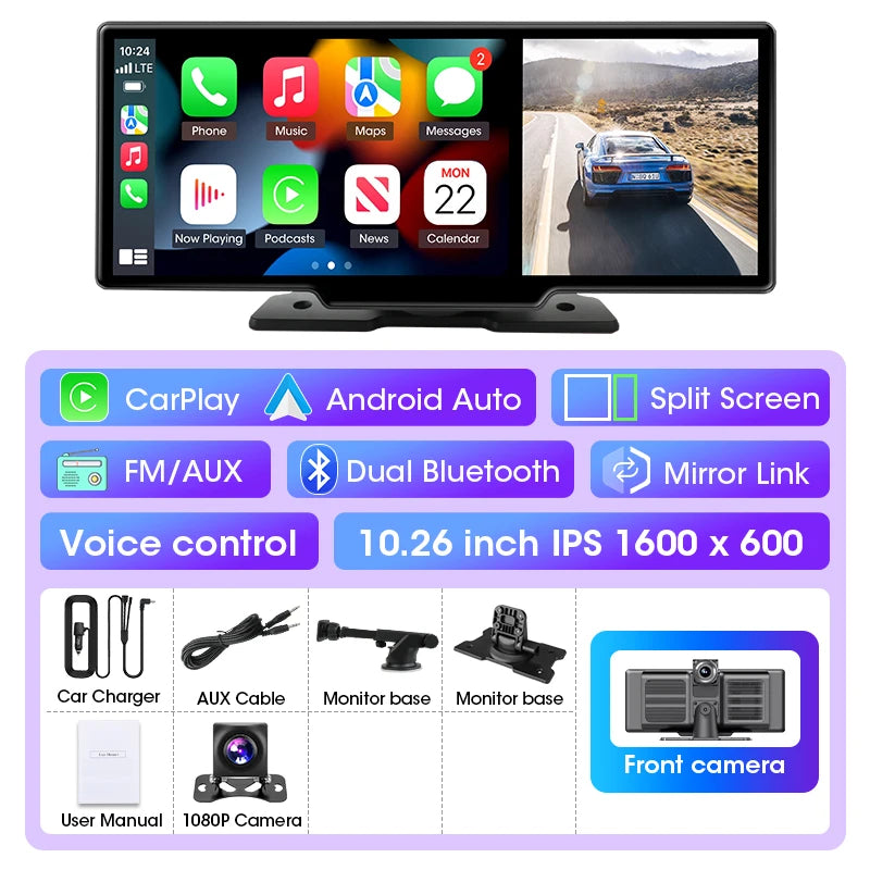 Dashcam 4K Écran CarPlay Sans Fil 11,26 ou 10,26 Pouces Double Caméra