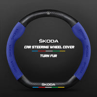 Couvre Volant Skoda Effet Carbone et Suédine, 37-38 cm, Forme D ou O, Octavia, Kodiaq, Karoq, Superb