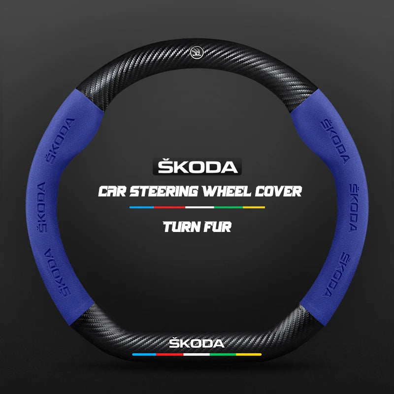 Couvre Volant Skoda Effet Carbone et Suédine, 37-38 cm, Forme D ou O, Octavia, Kodiaq, Karoq, Superb