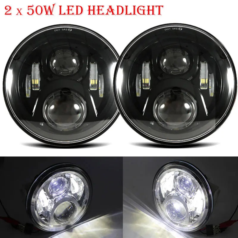 2 Phares LED Ronds 7 Pouces Halo Land Rover Defender Lada Niva Beetle Classique avec Culot H4 et Anneau Ambre