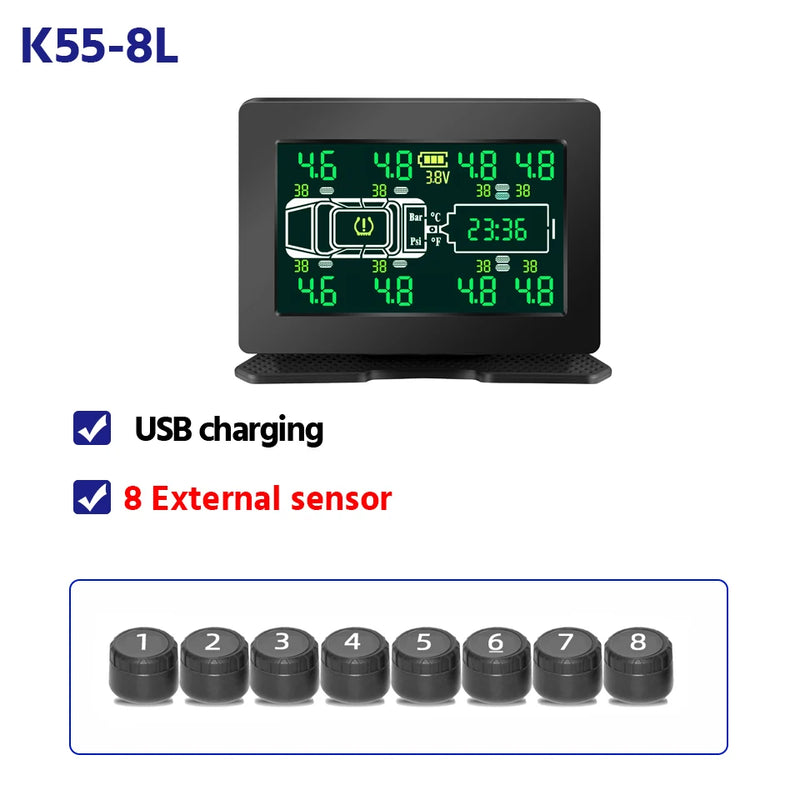 Capteur de Pression des Pneus Solaire TPMS 6 ou 8 Roues Écran LCD