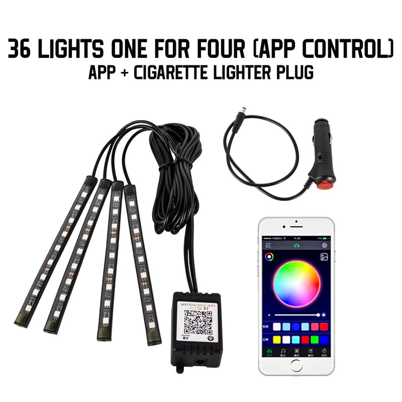 Éclairage d'Ambiance LED RGB 72 Diodes Bluetooth Voiture