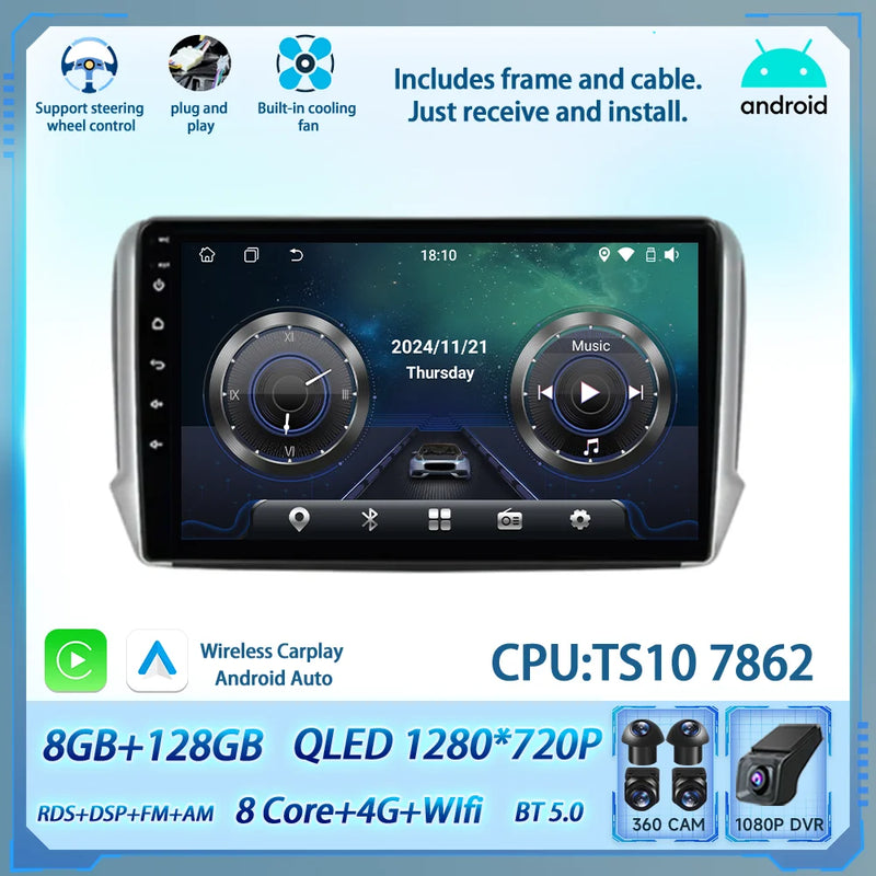 Autoradio CarPlay Peugeot 208 2008 2012-2018 Android Écran Tactile
