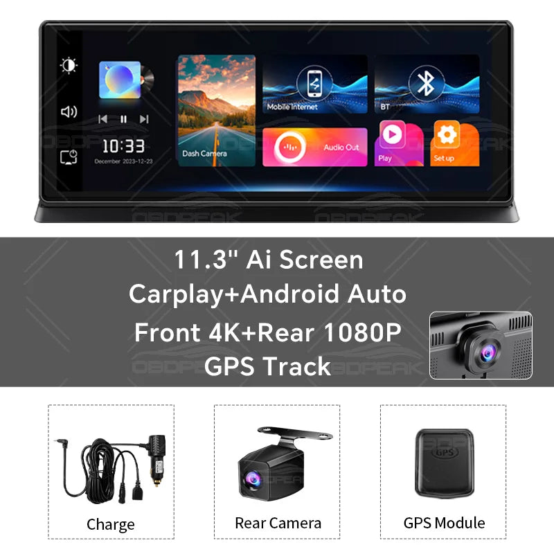 Dashcam 4K CarPlay Android Auto Écran 11,3 Pouces