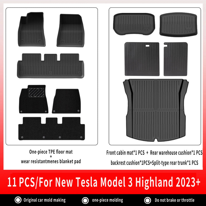 Tapis de Sol Tesla Model 3 Highland 2024-2026 TPE Ensemble 3 à 12 Pièces Simple ou Double Couche