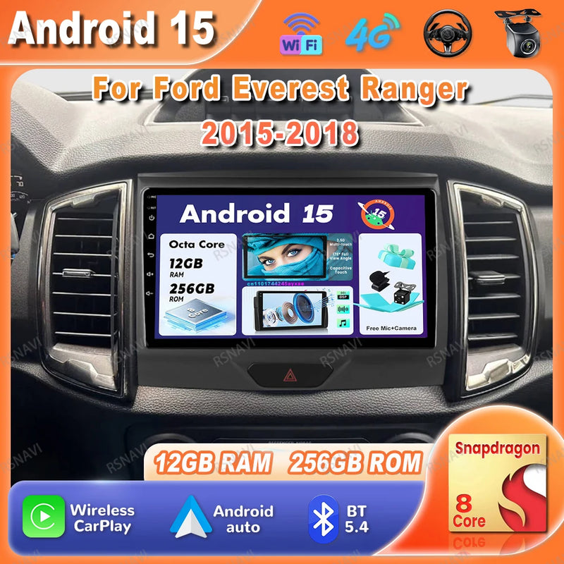 Autoradio Android 15 Ford Everest et Ranger 2015-2018 CarPlay Sans Fil GPS 4G