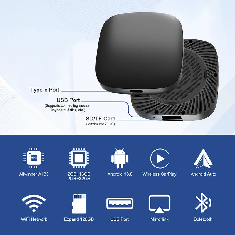 Boîtier CarPlay Android Auto Sans Fil AI Box Android 13 Bluetooth 5.0 GPS