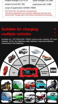 Chargeur de Batterie Voiture 12V 10A Intelligent LiFePO4 AGM Gel