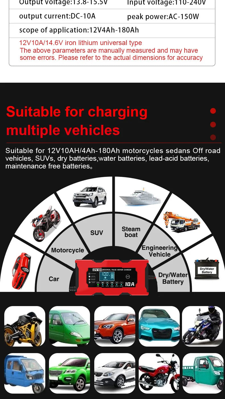 Chargeur de Batterie Voiture 12V 10A Intelligent LiFePO4 AGM Gel