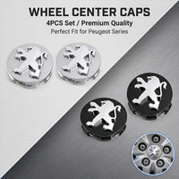 Cache-Moyeux Peugeot 60 mm Premium, Lot de 4, Argent ou Noir, 206, 207, 208, 307, 308, 408, 508, 2008, 3008, RCZ